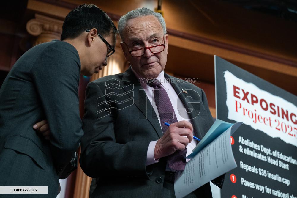 Schumer Holds A Press Conference On Project 2025 - Washington