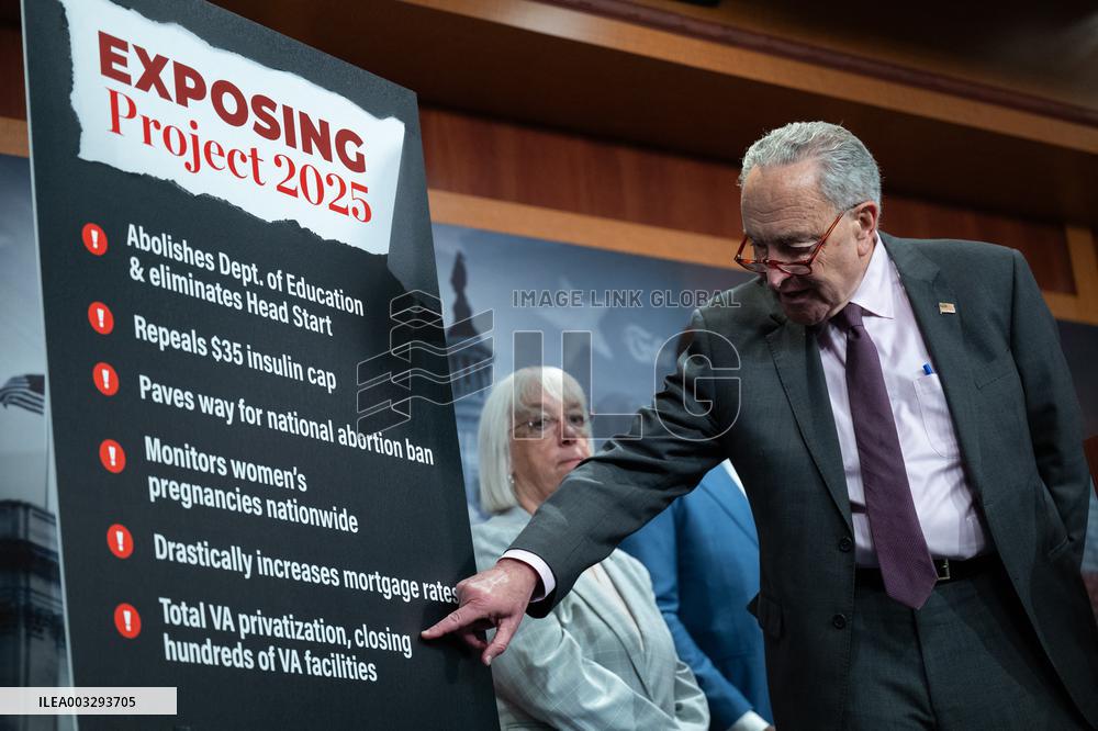 Schumer Holds A Press Conference On Project 2025 - Washington
