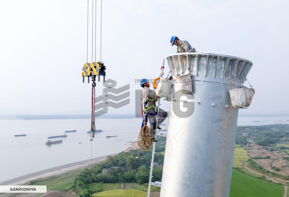 Transmission Towers Across The Yangtze River Construction in Chizhou