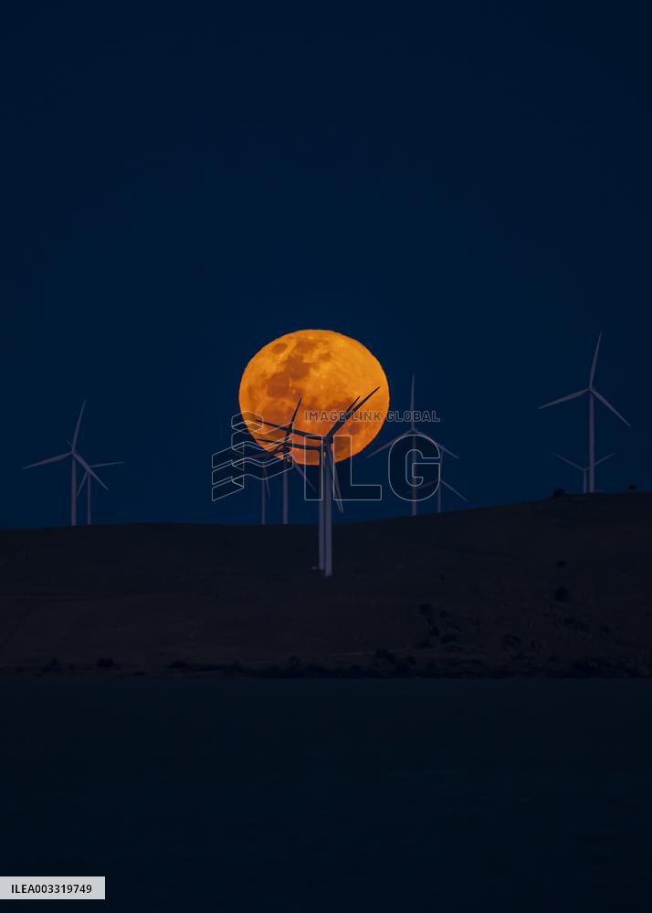 A Supermoon Rises Above The Wind Turbines - Australia