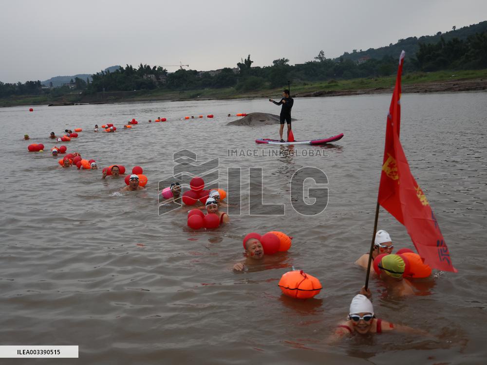 Swimmers Swim in The Yangtze River in Luzhou
