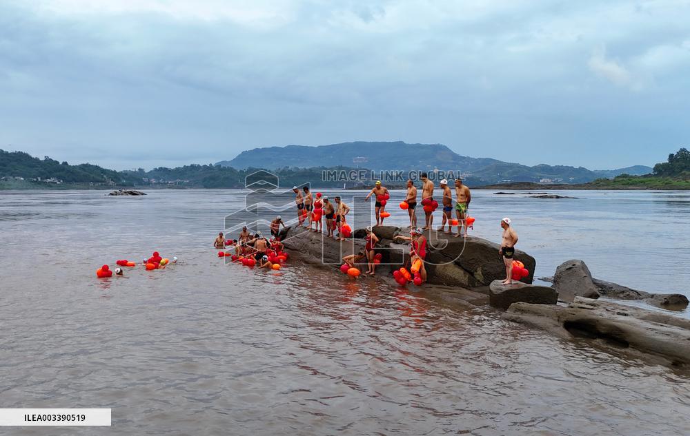 Swimmers Swim in The Yangtze River in Luzhou