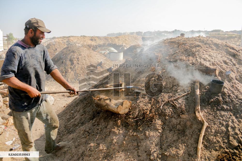 Workers Labor In A Coal-Making Pit - Gaza