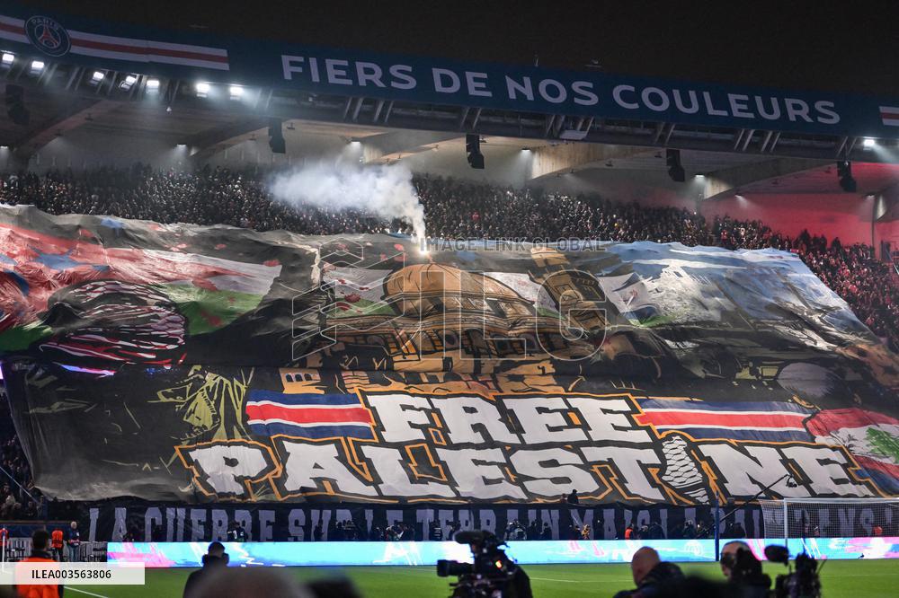 Free Palestine Banner At PSG v Atletico Madrid - Paris