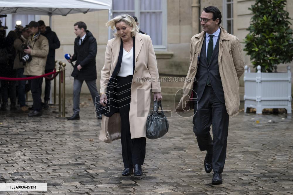 Marine Le Pen Leaves A Meeting With PM Barnier - Paris