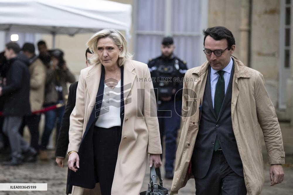 Marine Le Pen Leaves A Meeting With PM Barnier - Paris