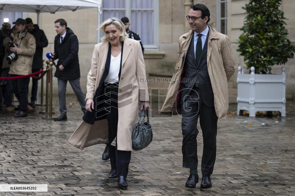 Marine Le Pen Leaves A Meeting With PM Barnier - Paris