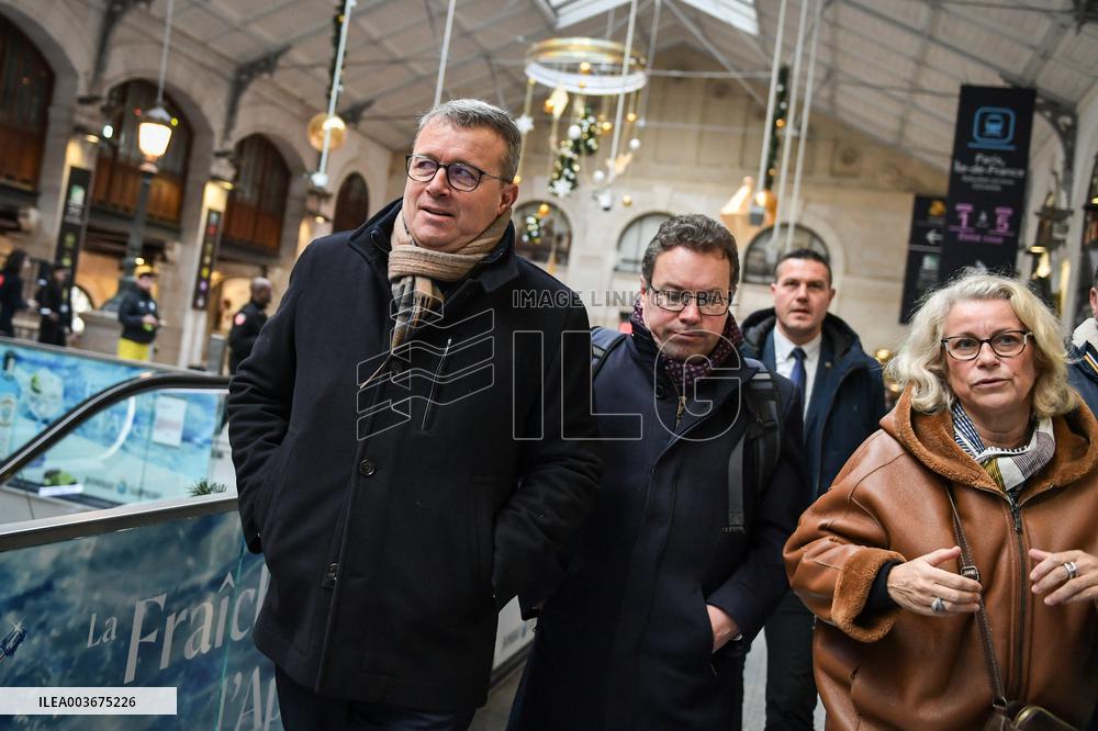 French Deputy Minister for Transports Francois Durovray visits Saint Lazare rail station in Paris FA