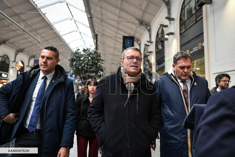 French Deputy Minister for Transports Francois Durovray visits Saint Lazare rail station in Paris FA