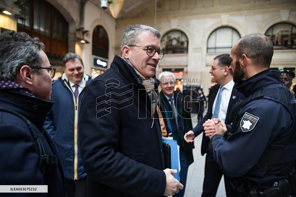 French Deputy Minister for Transports Francois Durovray visits Saint Lazare rail station in Paris FA