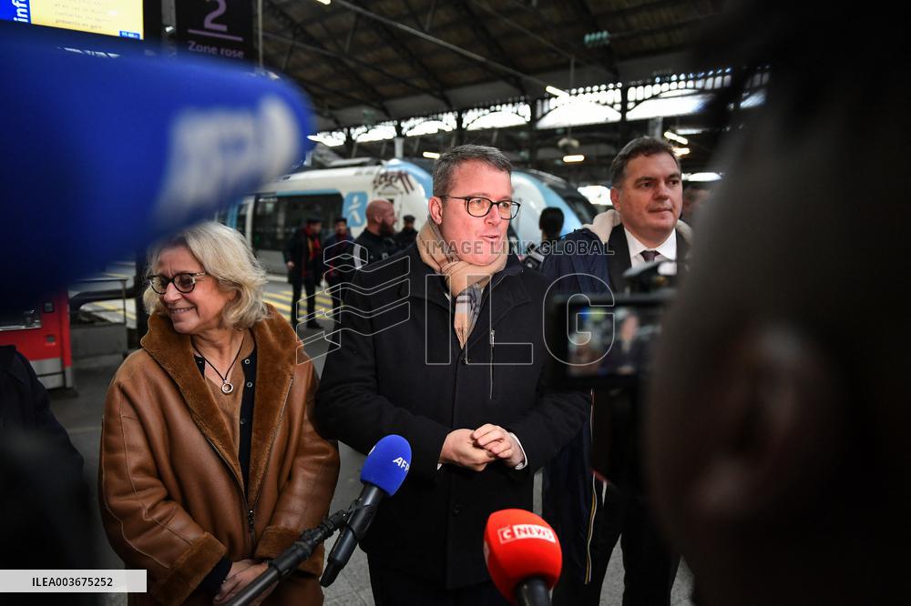 French Deputy Minister for Transports Francois Durovray visits Saint Lazare rail station in Paris FA