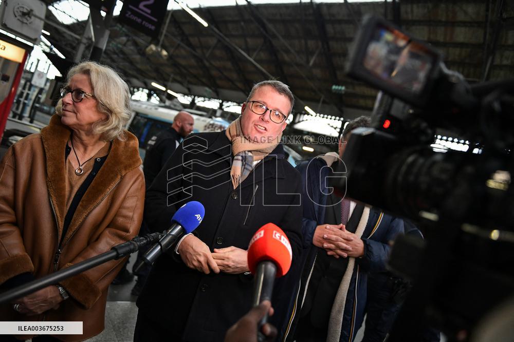 French Deputy Minister for Transports Francois Durovray visits Saint Lazare rail station in Paris FA