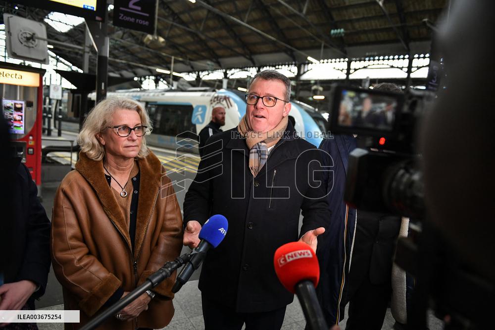 French Deputy Minister for Transports Francois Durovray visits Saint Lazare rail station in Paris FA
