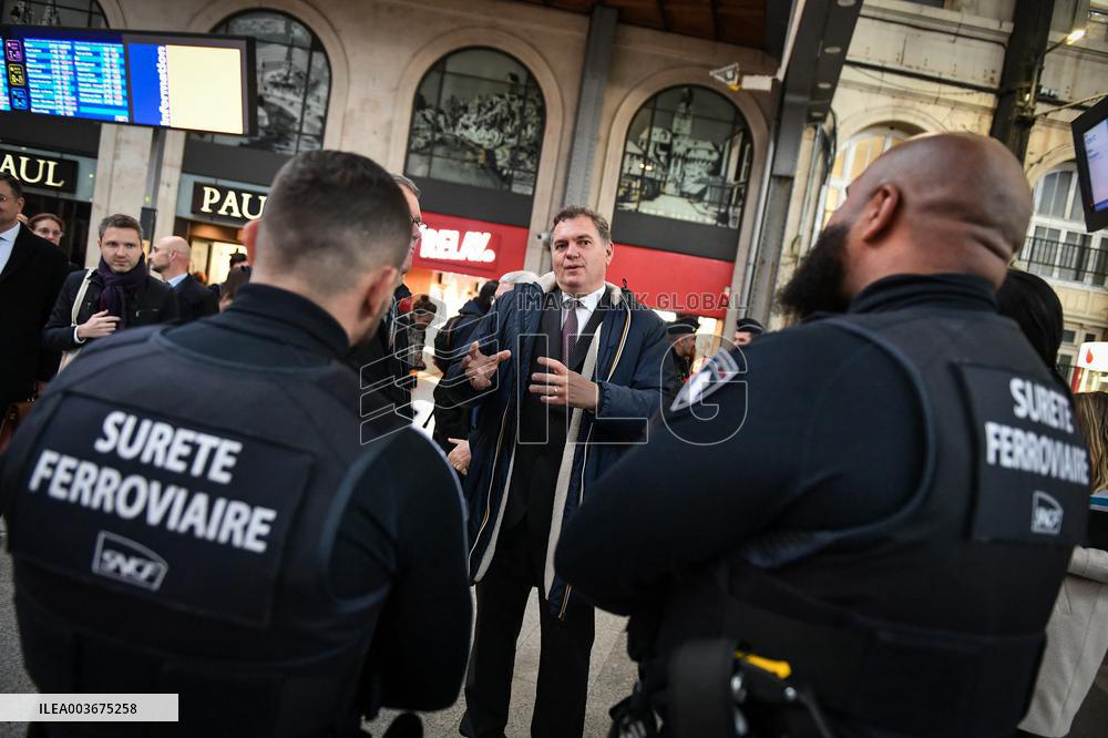 French Deputy Minister for Transports Francois Durovray visits Saint Lazare rail station in Paris FA