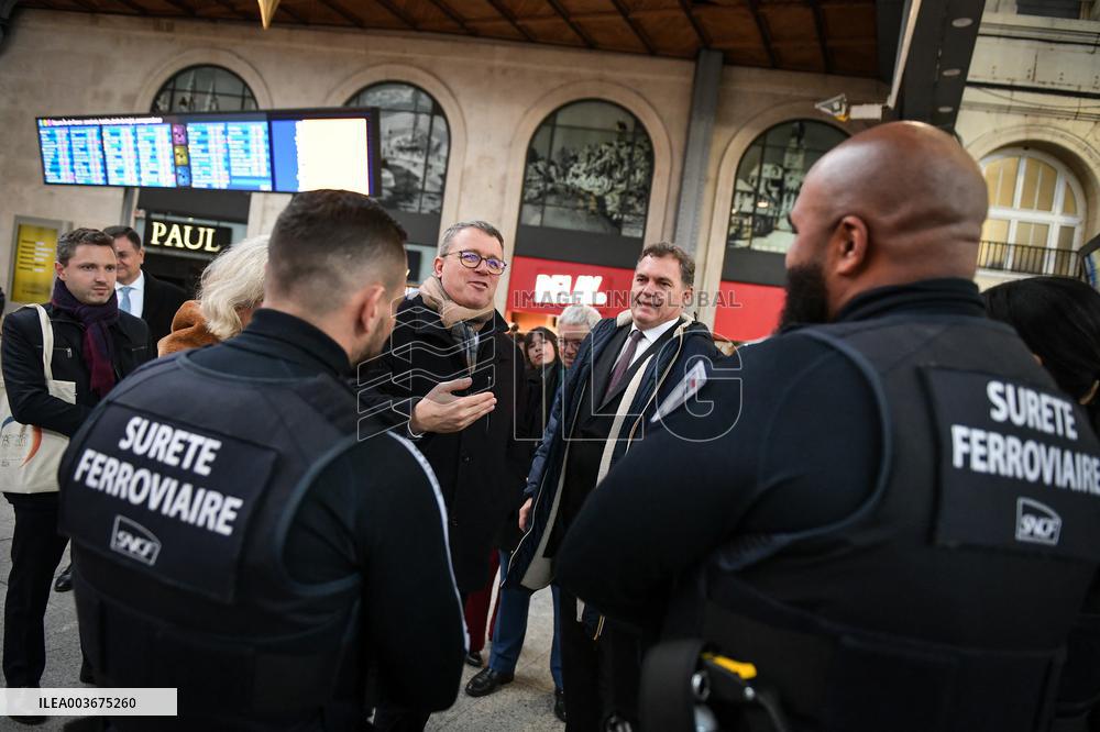 French Deputy Minister for Transports Francois Durovray visits Saint Lazare rail station in Paris FA