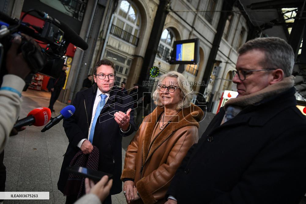 French Deputy Minister for Transports Francois Durovray visits Saint Lazare rail station in Paris FA