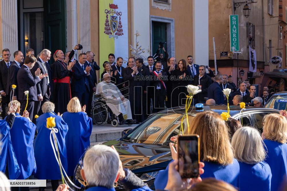 Pope Francis arrives at the Santa Maria Assunta Cathedral - Ajaccio