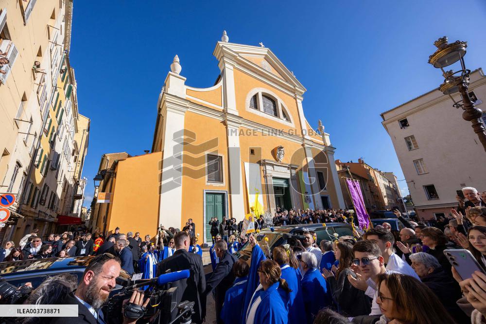 Pope Francis arrives at the Santa Maria Assunta Cathedral - Ajaccio