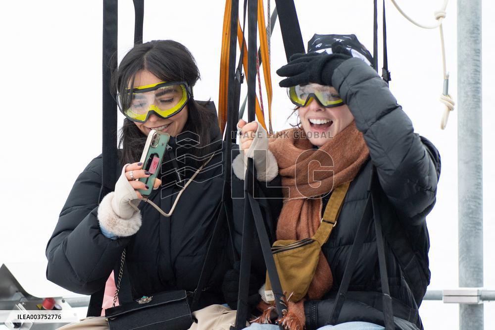 Les Arcs Lina El Arabi and Berangere McNeese Zipline