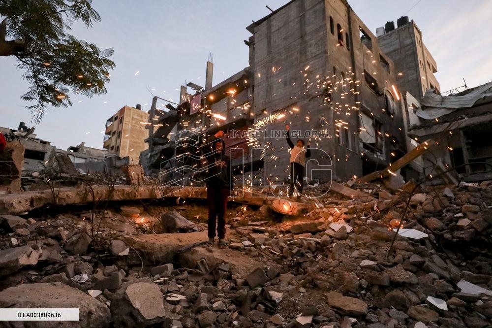 Children Play with Fireworks at The Bureij Camp - Palestine