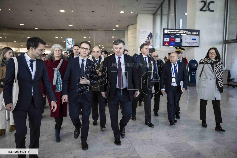 French Transport Minister at Charles de Gaulle Airport in Paris