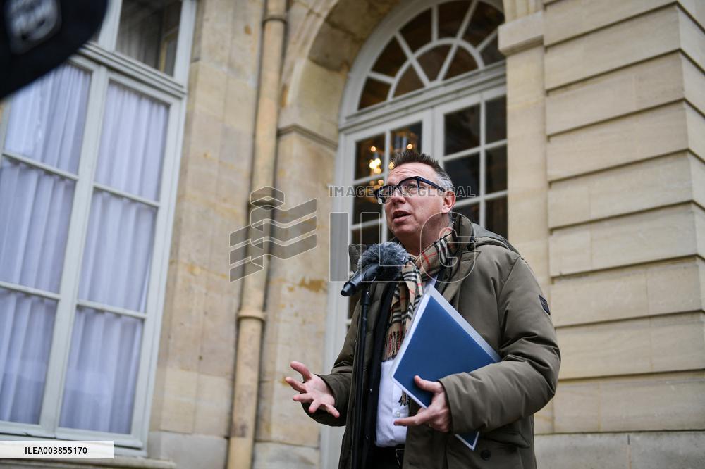 Cyril Chabanier arrives for a meeting with French PM Francois Bayrou at the Hotel de Matignon in Paris FA