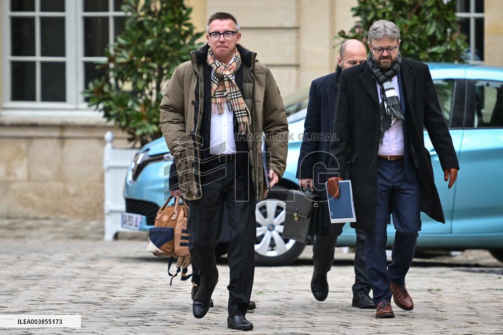 Cyril Chabanier arrives for a meeting with French PM Francois Bayrou at the Hotel de Matignon in Paris FA