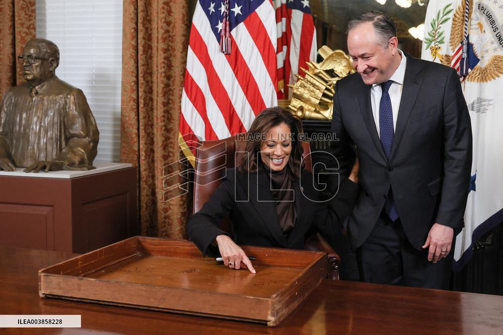 Vice President Kamala Harris Signs Her Ceremonial Desk Drawer