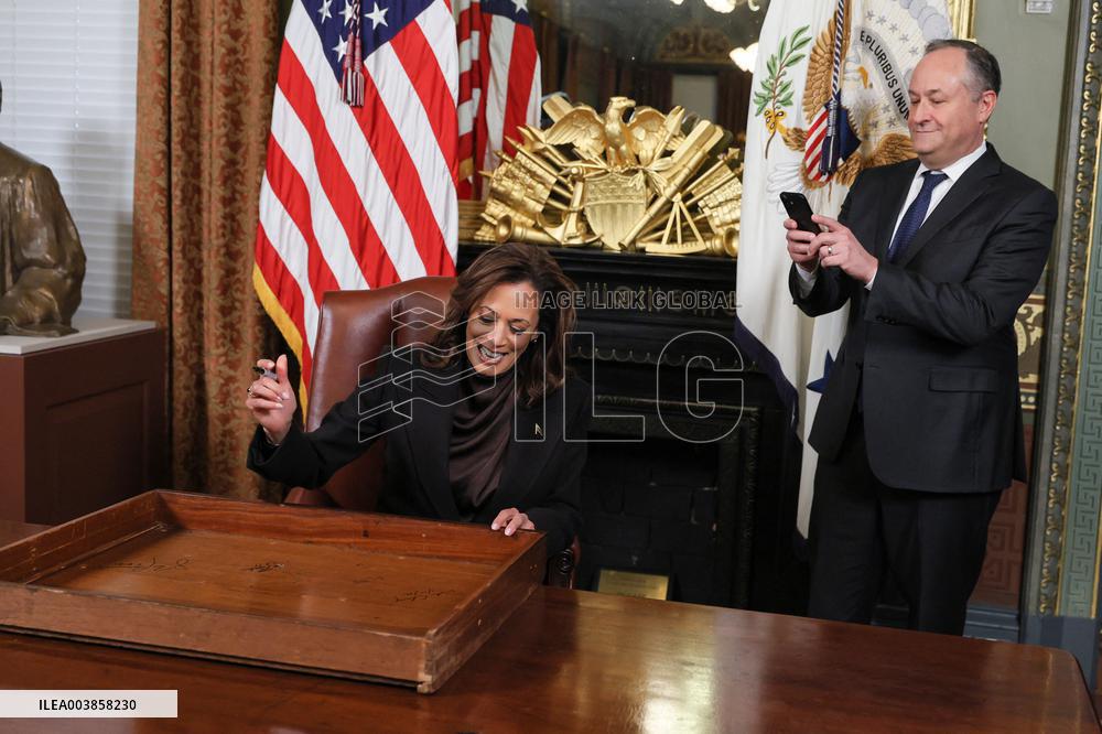 Vice President Kamala Harris Signs Her Ceremonial Desk Drawer