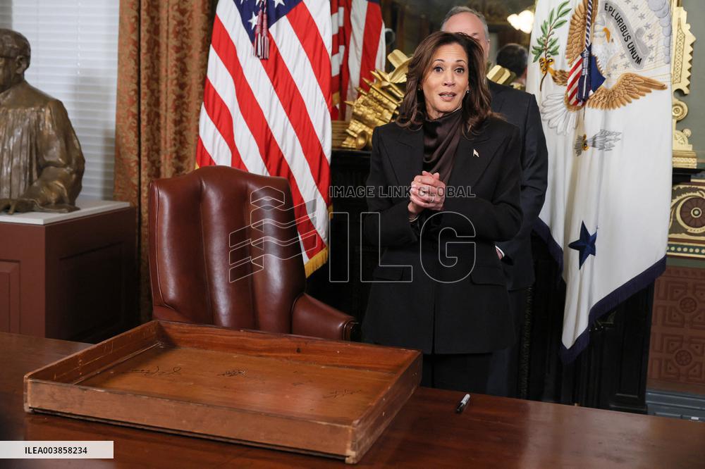 Vice President Kamala Harris Signs Her Ceremonial Desk Drawer