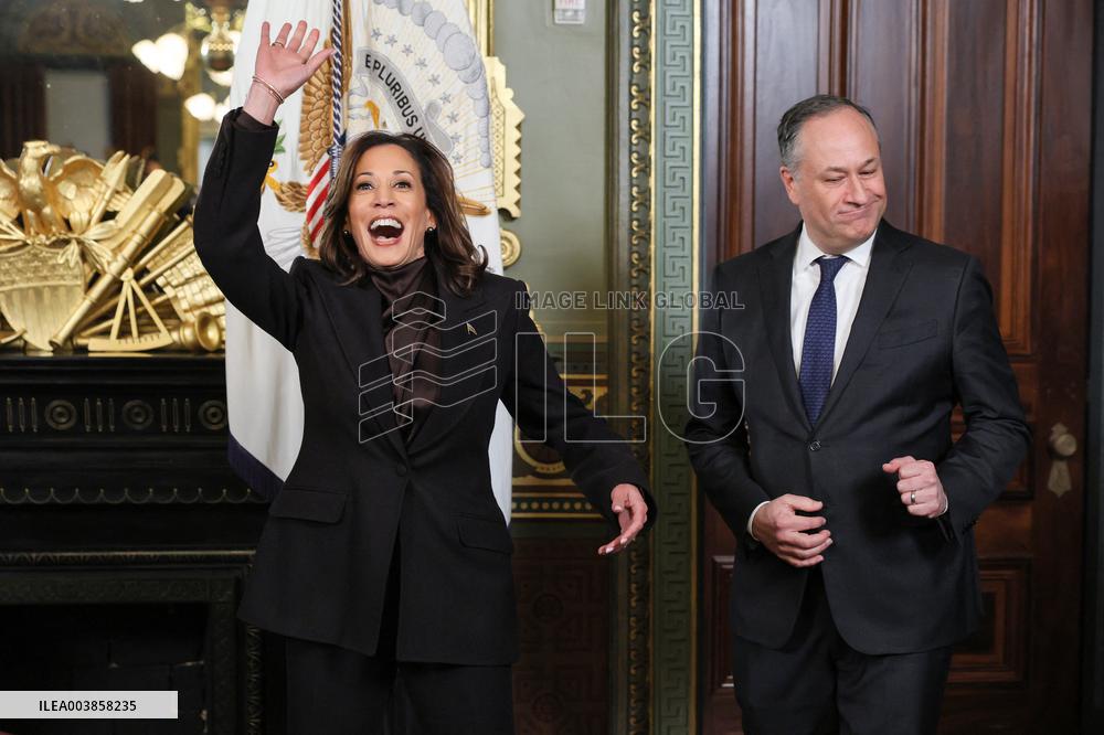 Vice President Kamala Harris Signs Her Ceremonial Desk Drawer