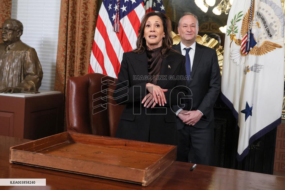Vice President Kamala Harris Signs Her Ceremonial Desk Drawer