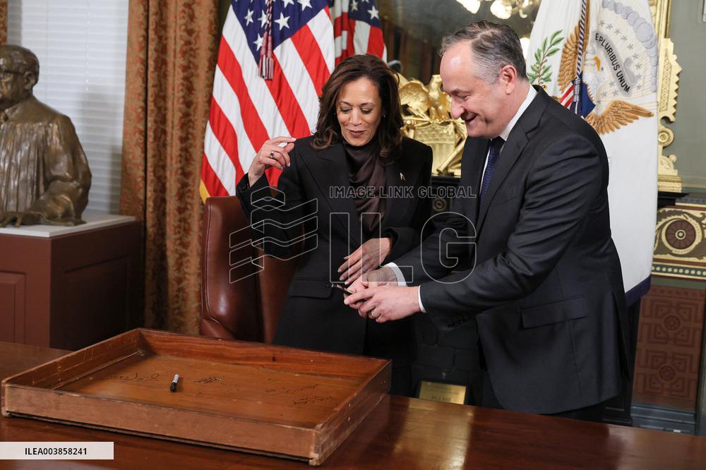 Vice President Kamala Harris Signs Her Ceremonial Desk Drawer