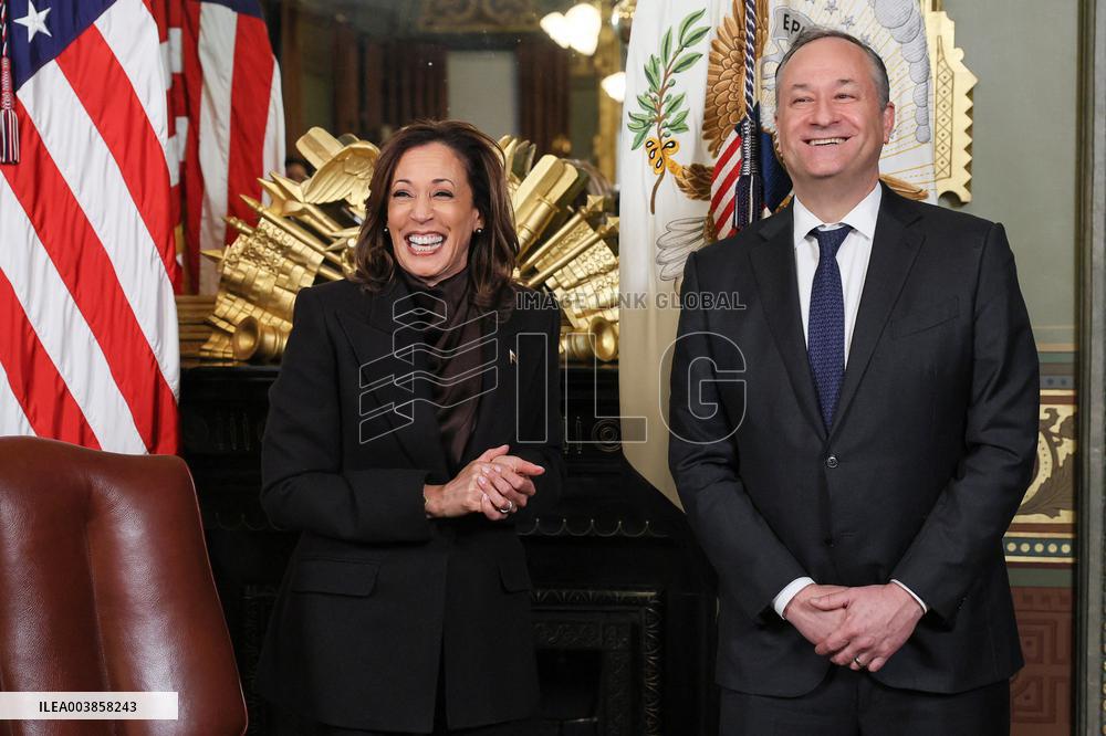 Vice President Kamala Harris Signs Her Ceremonial Desk Drawer