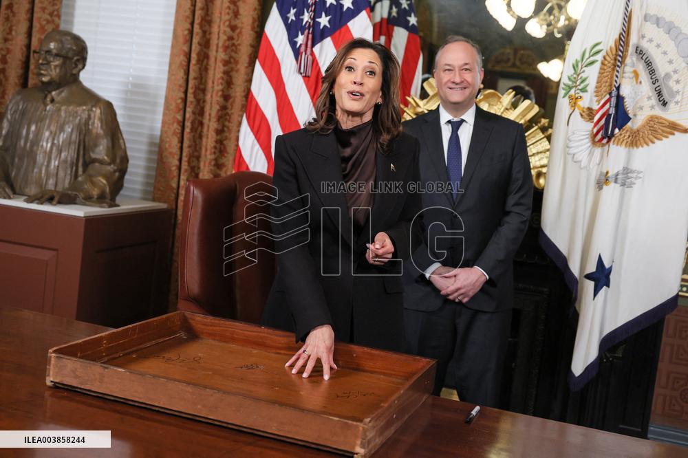Vice President Kamala Harris Signs Her Ceremonial Desk Drawer