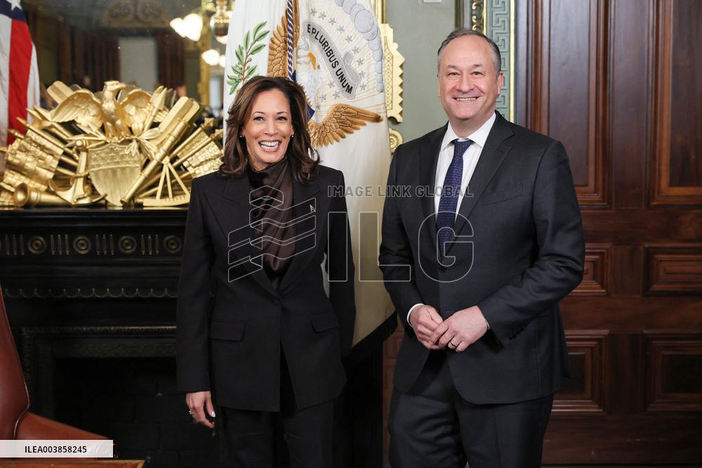 Vice President Kamala Harris Signs Her Ceremonial Desk Drawer