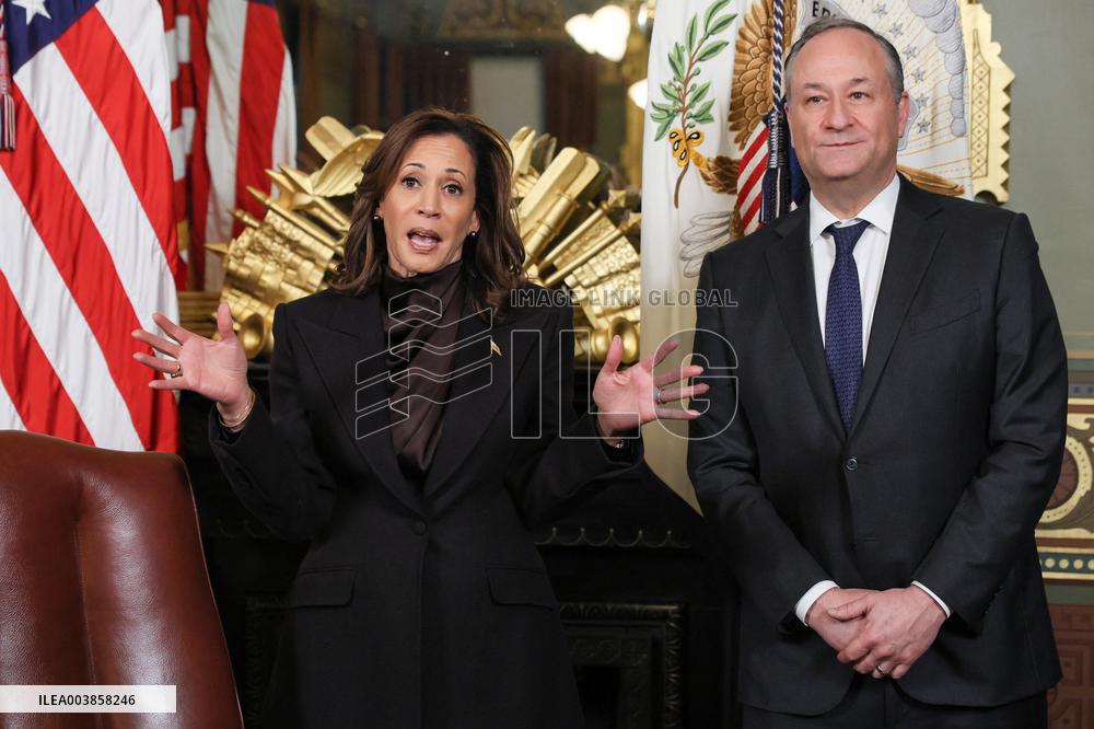 Vice President Kamala Harris Signs Her Ceremonial Desk Drawer