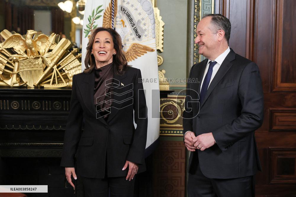 Vice President Kamala Harris Signs Her Ceremonial Desk Drawer