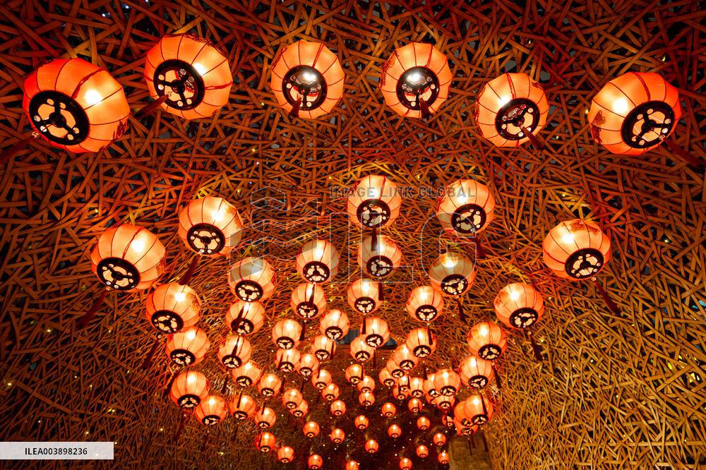Lanterns Hanging in Bamboo Weaving Tunnels in Chongqing
