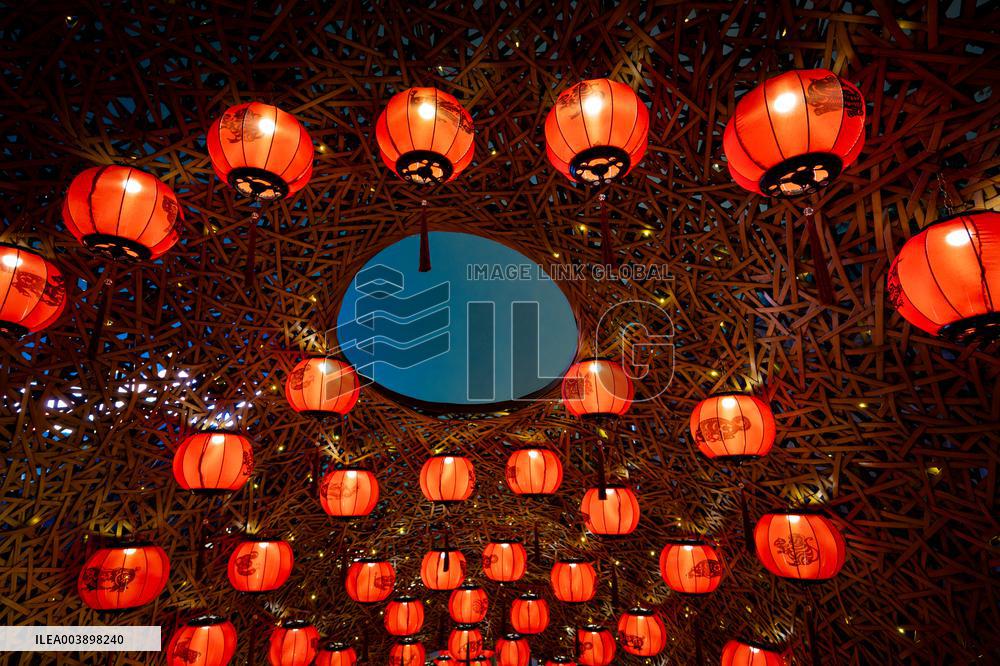 Lanterns Hanging in Bamboo Weaving Tunnels in Chongqing