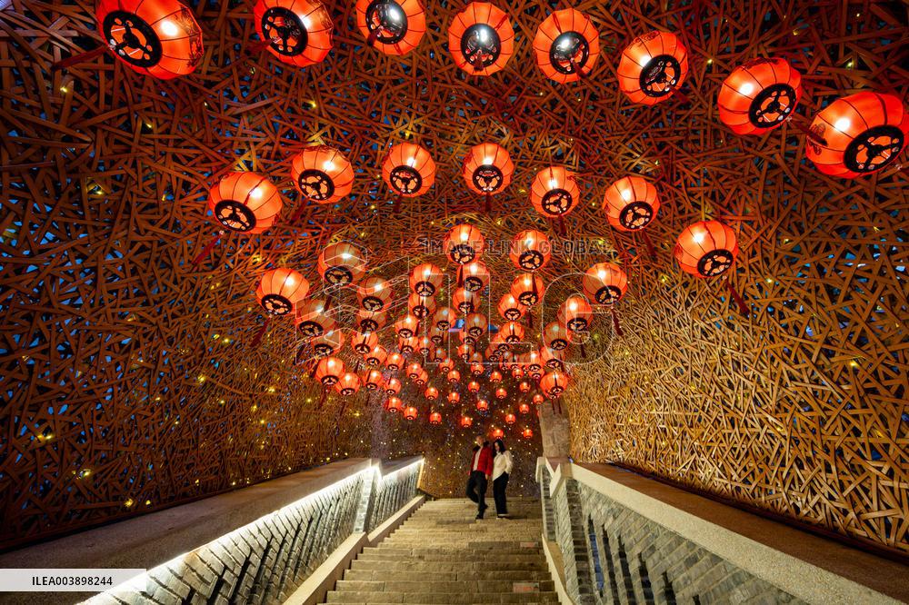 Lanterns Hanging in Bamboo Weaving Tunnels in Chongqing