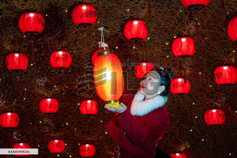 Lanterns Hanging in Bamboo Weaving Tunnels in Chongqing