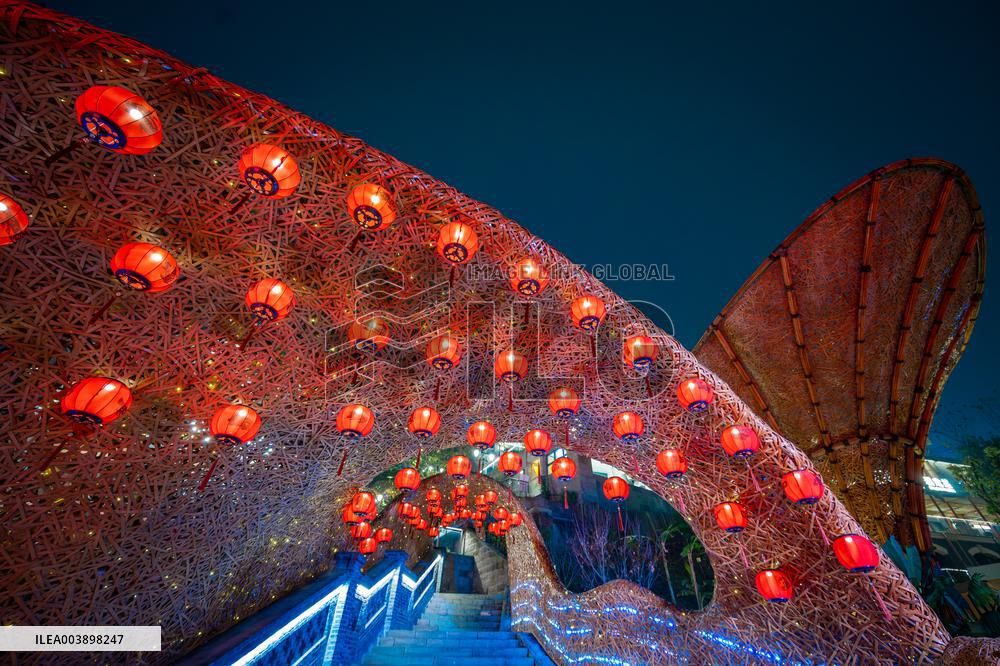 Lanterns Hanging in Bamboo Weaving Tunnels in Chongqing