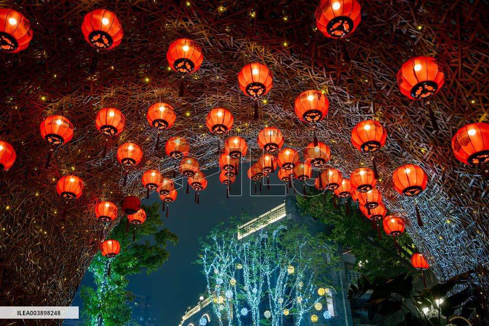 Lanterns Hanging in Bamboo Weaving Tunnels in Chongqing