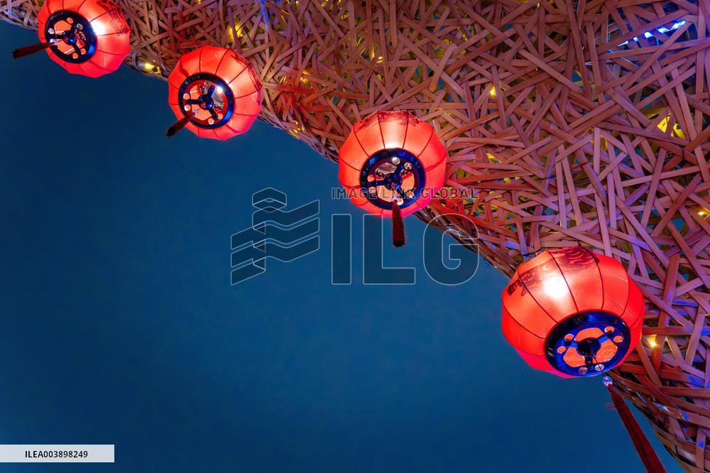 Lanterns Hanging in Bamboo Weaving Tunnels in Chongqing