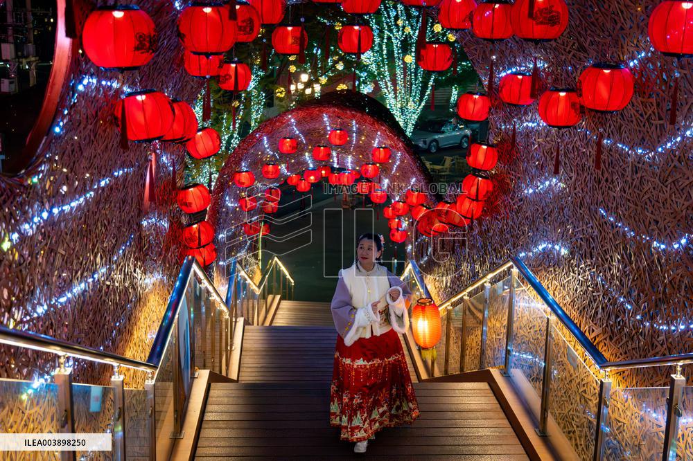Lanterns Hanging in Bamboo Weaving Tunnels in Chongqing