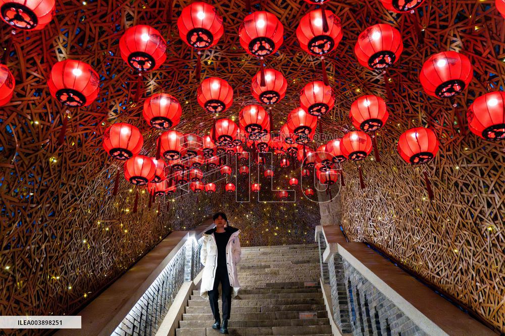 Lanterns Hanging in Bamboo Weaving Tunnels in Chongqing