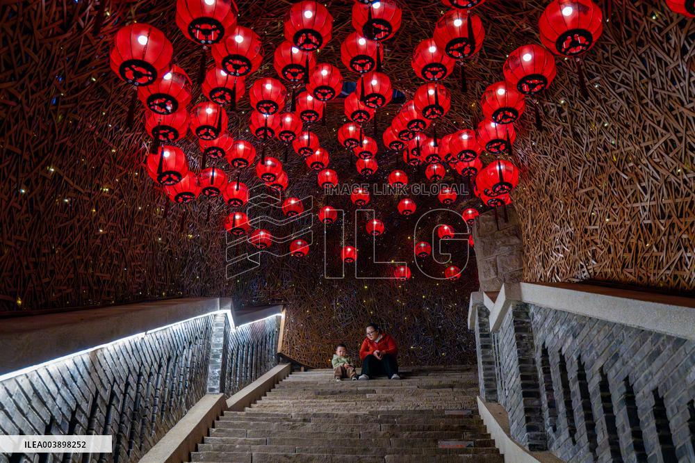 Lanterns Hanging in Bamboo Weaving Tunnels in Chongqing