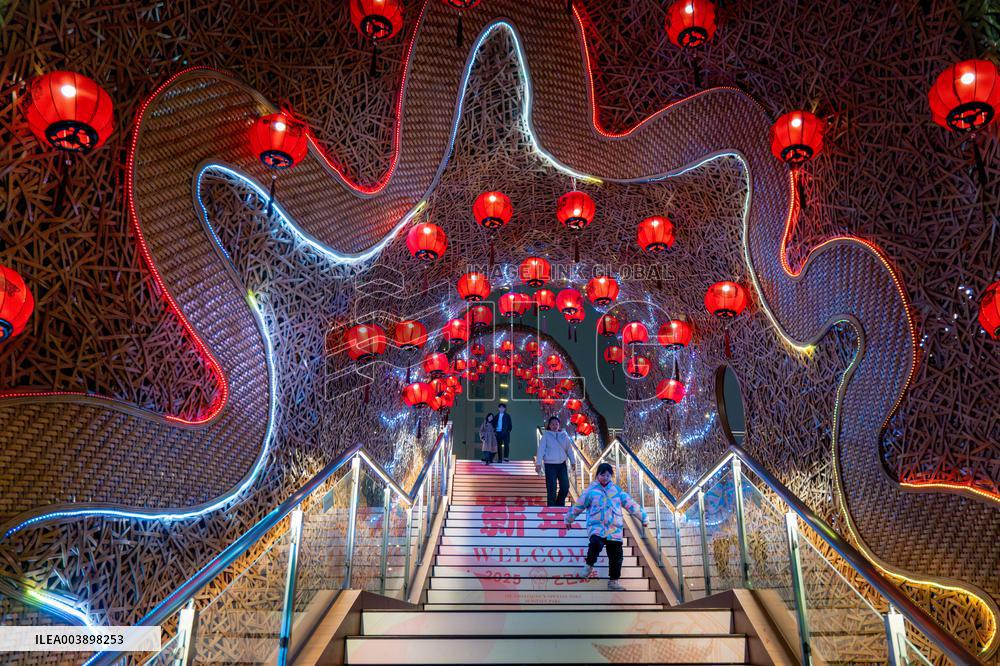 Lanterns Hanging in Bamboo Weaving Tunnels in Chongqing