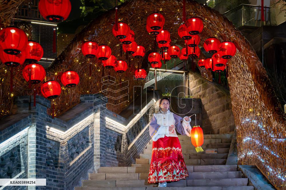 Lanterns Hanging in Bamboo Weaving Tunnels in Chongqing